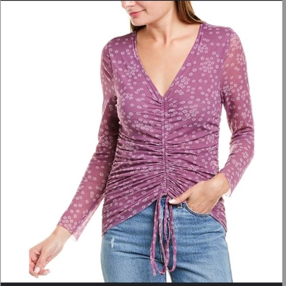 Vince Camuto Blouse Womens XS Purple Floral Stretchy V Neck Ruched Adjust.Tie - Picture 1 of 7